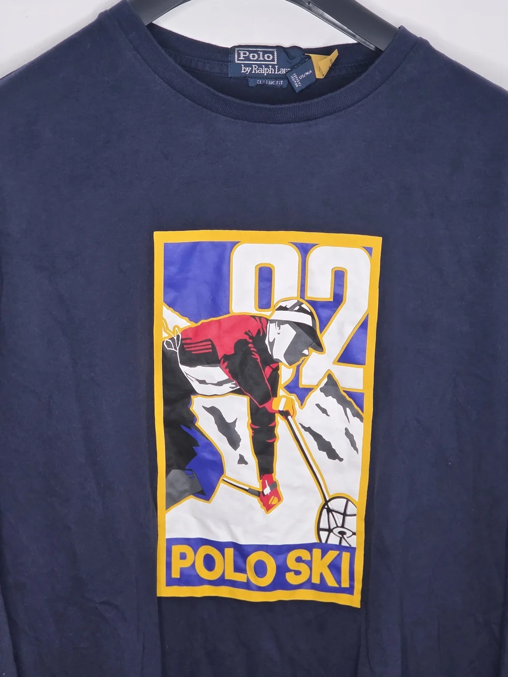 Polo by Ralph Lauren Mens Navy Long-Sleeve Shirt W/ Yellow Red Ski Graphic (M)